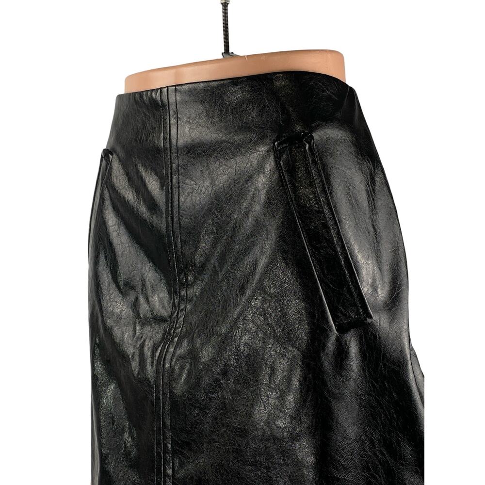 DKNY Women's Black Faux Vegan Leather High Rise Mini Flare A-Line Skirt Size 12 - Picture 2 of 6